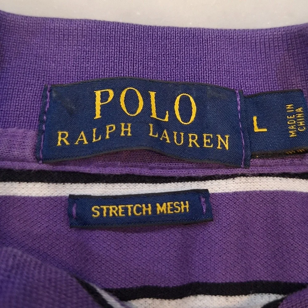 Polo Ralph Lauren Polo Shirt Mens L Purple Striped Stretch Mesh Pony Logo Spot